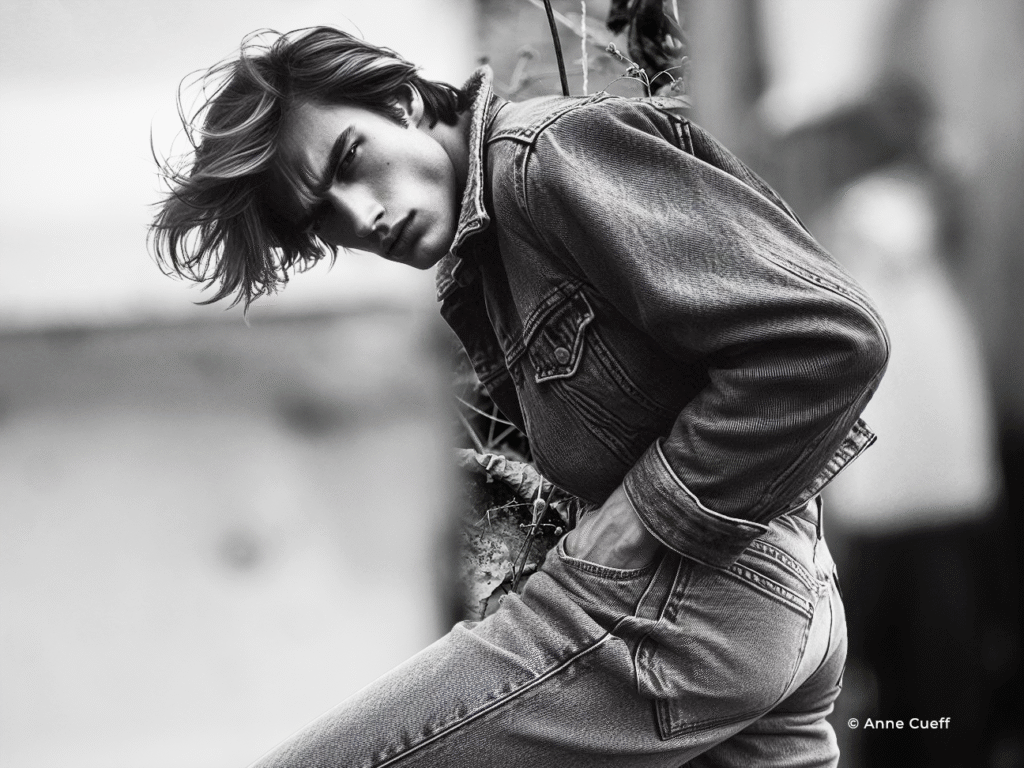 Photographie en noir et blanc d’un homme vêtu d’un ensemble denim veste et pantalon capturée en portrait serré. Le fond volontairement flou met en valeur la silhouette et le style minimaliste du modèle. L’image évoque une élégance brute, intemporelle, soulignée par le contraste du noir et blanc. Idéale pour illustrer une tendance urbaine, sobre et affirmée dans la mode masculine contemporaine.