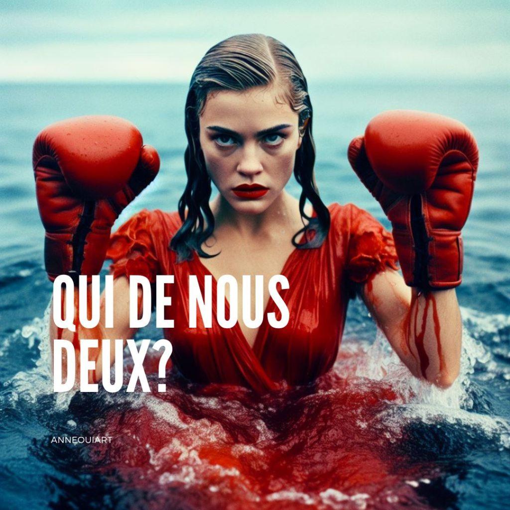 clip vidéo sur l'urgence climatique "Qui de nous deux?" femme avec gants de boxe dans mer de sang